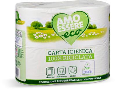 CARTA IGIENICA ECOLABEL, 
4 ROTOLI, 
2 VELI, 
300 STRAPPI