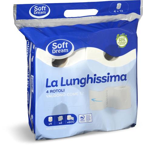 CARTA IGIENICA LUNGHISSIMA 
4 ROTOLI, 2 VELI, 
600 STRAPPI