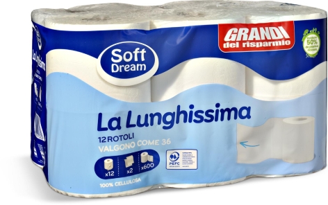 CARTA IGIENICA LA LUNGHISSIMA, 12 ROTOLI, 
2 VELI, 
600 STRAPPI