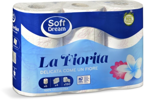CARTA IGIENICA
"LA FIORITA",
6 ROTOLI, 4 VELI, 150 STRAPPI
