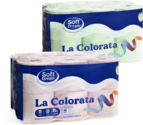 CARTA IGIENICA LA COLORATA, 
12 ROTOLI, 3 VELI, 240 STRAPPI