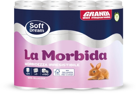 CARTA IGIENICA 
LA MORBIDA, 
24 ROTOLI, 3 VELI, 
180 STRAPPI