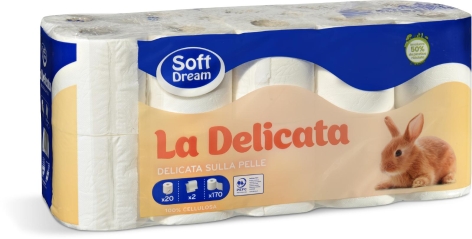 CARTA IGIENICA LA DELICATA, 
20 ROTOLI, 
2 VELI,
170 STRAPPI