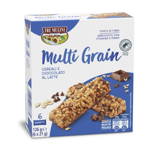 BARRETTE MULTI GRAIN CON CEREALI E CIOCCOLATO AL LATTE, 6 PZ