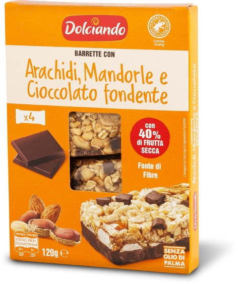 BARRETTE CON ARACHIDI, MANDORLE E CIOCCOLATO FONDENTE, 4 PZ
