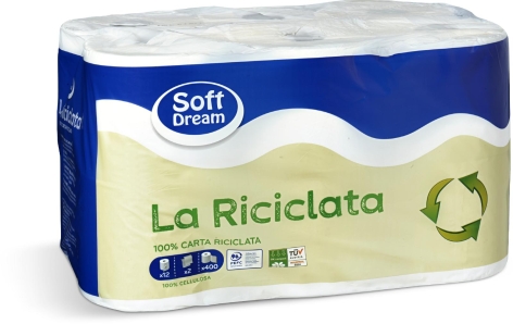 CARTA IGIENICA 
LA RICICLATA, 
12 ROTOLI, 2 VELI, 
400 STRAPPI
