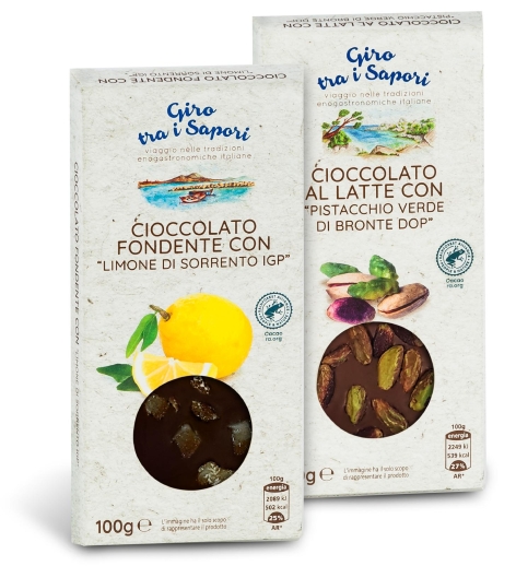 CIOCCOLATO FONDENTE CON LIMONE/AL LATTE CON PISTACCHIO