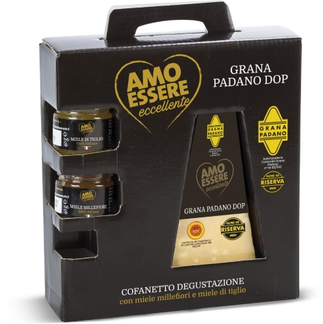 COFANETTO DEGUSTAZIONE GRANA PADANO DOP CON MIELE MILLEFIORI E DI TIGLIO